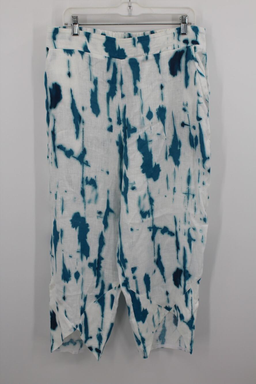 Alembika Ozai N Ku Island Linen Tulip Pants, White/turquoise Size 2XL